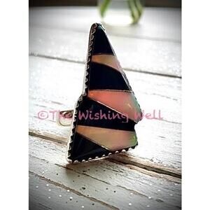 Aurora Opal Onyx Lightening Bolt Sterling Silver Ring Size 6.25